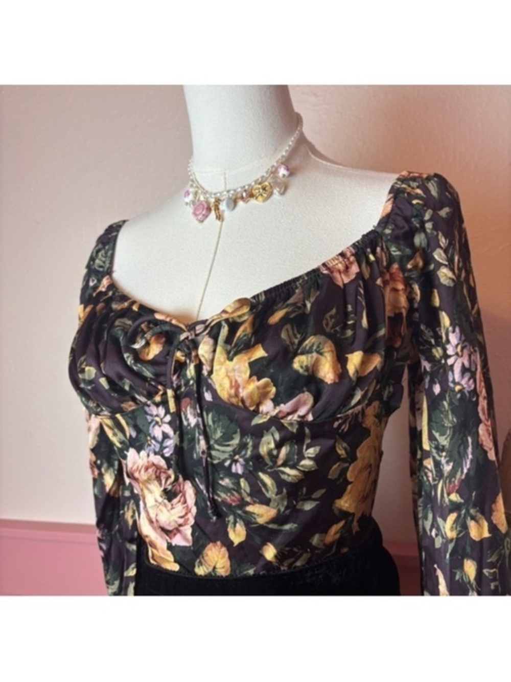 Vivaceous Floral Milkmaid Bodysuit Open Back Tie Brown Cottagecore Small